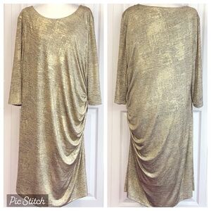 Tahari ASL Metallic Gold Side Ruched 3/4 Sleeve Midi Sheath Dress 22W
